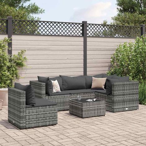 6-tlg. Garten-Lounge-Set mit Kissen Grau Poly Rattan (1/5)