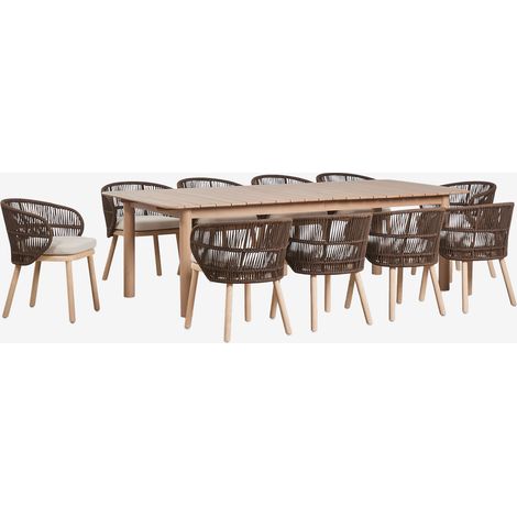 Set de mesa rectangular 250-310x105 cm extensible Duala y 10 sillas de comedor en madera de acacia y cuerda trenzada Capri SKLUM       