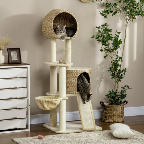 Katzenbaum mit Rattan-Haus, Hängematte, Rampe und Plattformen, 60 x 60 x 150 cm beige HAVRYA (1/4)