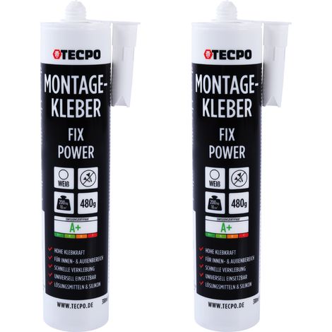 TECPO Montagekleber Fix Power, 2x 480g Universal Baukleber Kartuschen Kraftkleber 200kg 10 cm² für Akustikpaneele, Styropor, Sockelleite Innen und Außen schnelle Verklebung ohne Grundierung (1/5)