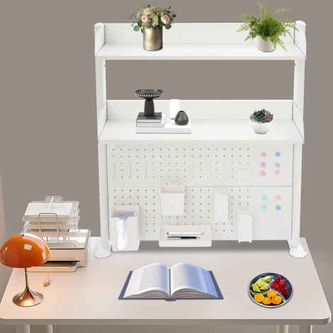 Clamp On Desk Organizer Shelf 3 Tier Pegboard Bookshelf 31.5 x 37.4Inch with Adjustable Height Partitions & Colored Magnets White Steel MDF Countertop Storage Bookcase for Home Office Desks (1/5)