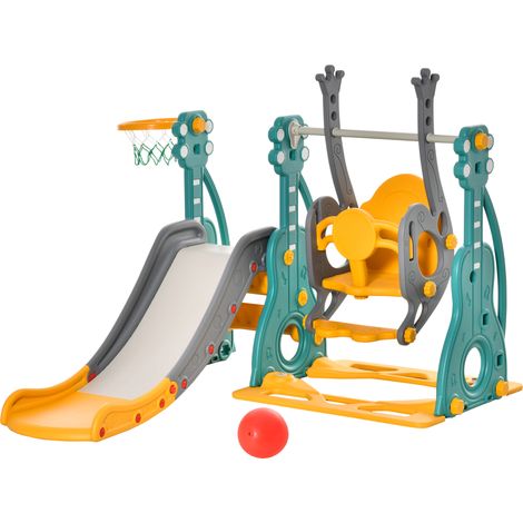 3-IN-1 Kids Swing and Slide Set with Basketball Hoop Slide Swing Adjustable Seat Height Toddler Playground Activity Center Indoor and Outdoor Play Equipment (1/5)