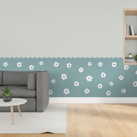 Papier peint découpé préencollé, soubassement, festonné, fleuri, bleu, festons, fleurs, raccordable, 83 cm X 195 cm (1/5)