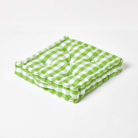 HOMESCAPES Green Block Check Cotton Gingham Floor Cushion, 40 x 40 cm