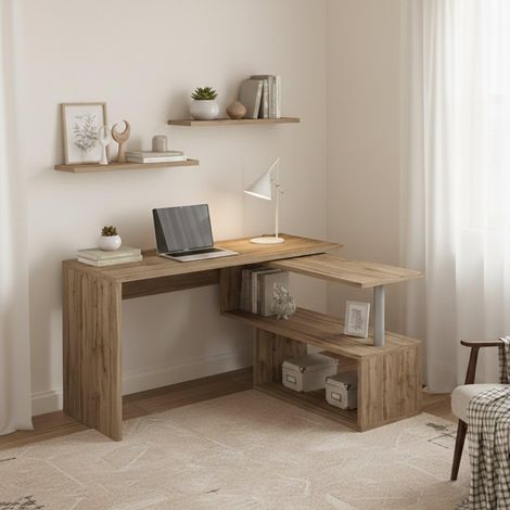 Bureau d'angle, Table de Bureau Polyvalente, Bureau Gain de Place Multi-Positions, 120x50h75 cm, Chêne (1/5)