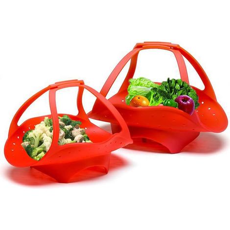 Cesta vaporera para verduras, gel de sílice sin BPA, ideal para sartenes listas para cocinar, paquete de 2 (pequeña roja, grande roja)