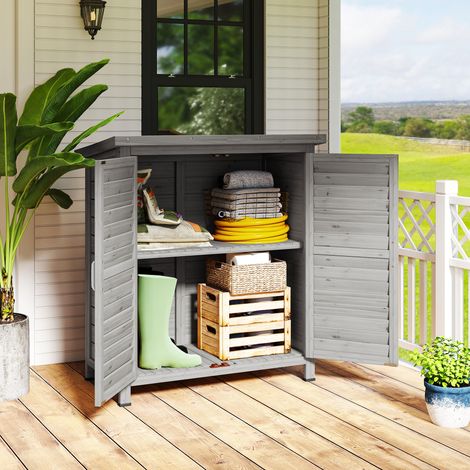 Abri Rangement Jardin Étagères Intérieures Portes Toit Incliné Extérieur Terreza Aménagement Bois Gris 87x46,5x96,5cm