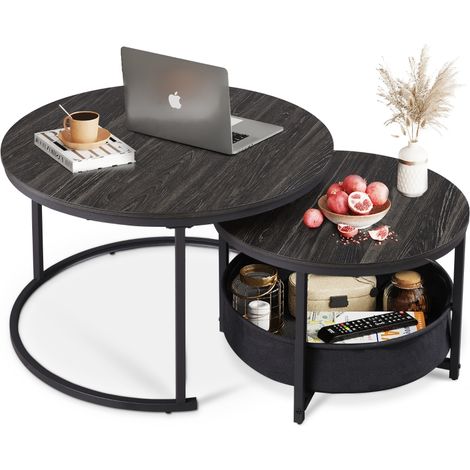 Table Basse WLIVE Set de 2 avec Panier Tissu et Cadre Métallique Noir pour Salon et Balcon, Élégance et Praticité. (1/5)