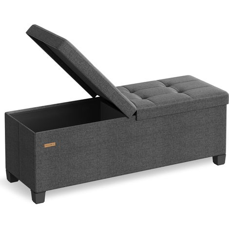 Banc Pouf de Rangement avec Pieds, Coffre de Rangement Pliable avec Couvercle Rabattable, Banc de Bout de Lit, pour Salon, Chambre, Entrée, Tissu Façon Lin, 110 cm, Gris Ardoise LSF079GN01 (1/5)