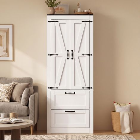 MODFU – Armoire haute cuisine 60x30x168 cm MDF/PB – 2 portes, 2 tiroirs et étagères réglables – Anti-basculement – Cuisine – Blanc (1/5)