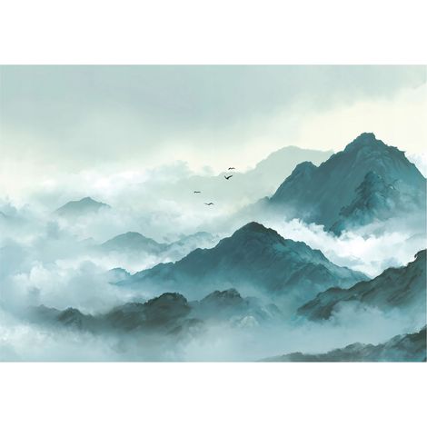 Fototapete Berge Nebel Natur Vögel – Moderne Großformat Wandtapete 200x140 cm – Für Wohnzimmer & Schlafzimmer