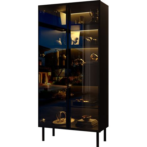 Vitrine haute avec 2 portes vitrées, LED pilotée par application, 2 tiroirs, étagères intérieures, meuble de rangement noir pour salon et salle à manger CHICFURN (1/5)