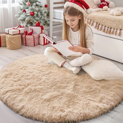 Tapis Moelleux à Poils Longs - Dessous antidérapant - Lavable - pour Le Salon, la Chambre d'enfant, la Chambre à Coucher - 160 cm Rond, Beige (1/4)