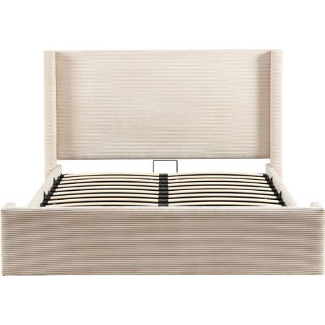 Lit coffre adulte 140x190 cm avec tête de lit capitonnée en velours côtelé beige - Elma (1/5)
