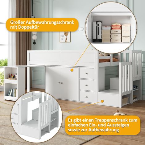 Lit superposé enfant multifonctionnel avec bureau escamotable, rangement latéral, armoire, tiroir, escalier avec placard, sans matelas, MDF blanc 90x200 cm (1/5)