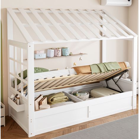 Letto per bambini 90x200 cm bianco in legno con tetto, vano idraulico e ripiani laterali (1/5)