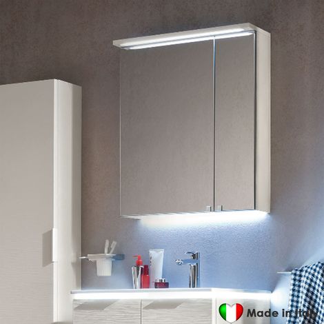Specchio Contenitore COMPAB a Due Ante + Cappello Con Led - Made In Italy - 70 x 75 x 15 cm - Con Due Ripiani Interni