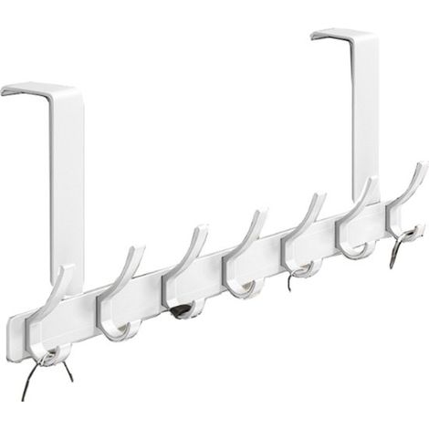Porte-manteau de porte à 7 crochets (fixation en haut et en bas), pour une utilisation optimale de l'espace derrière les portes. Charge maximale : 20 kg. Dimensions : 46 cm × 28 cm × 5,5 cm. Blanc. (1/5)