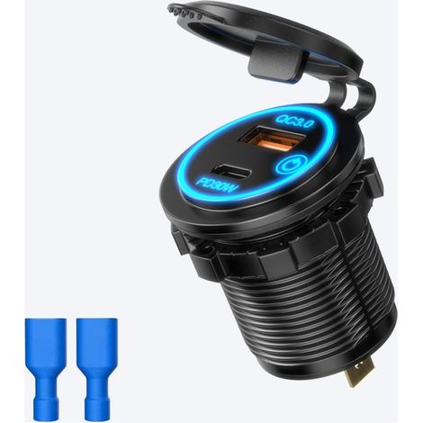 Chargeur de voiture USB rapide PD 30 W + QC3.0, prise allume-cigare 12 V/24 V, deux ports USB-C et USB-A avec interrupteur tactile et LED bleue