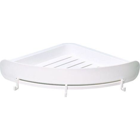 Étagère d'angle blanche pour la cuisine ou la salle de bain - Sans perçage au mur - Avec trois crochets pour boules de bain ou autres - Étagère de douche/étagère murale - Plastique ABS (1/5)