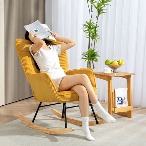 Fauteuil balançoire berbère jaune, chaise lounge à bascule avec accoudoirs, patins en bois, fauteuil relax pour salon et chambre à coucher