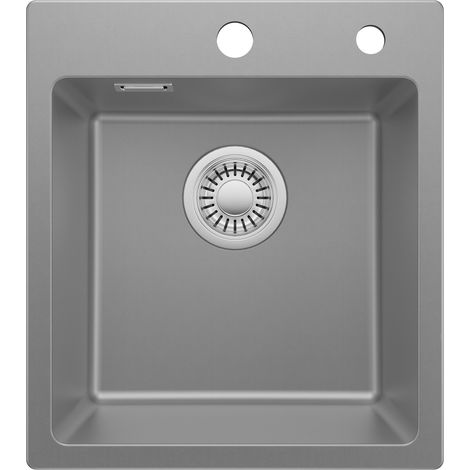 Evier 1 bac, Petit évier à encastrer en résine gris 40x45 cm – Ensemble complet avec siphon et garniture de trop-plein (1/5)
