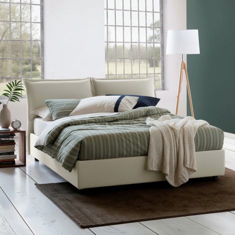 Dmora - Cama matrimonial Dmelott, Cama contenedor con revestimiento de tela, 100% Made in Italy, Apertura frontal, con colchón 140x190 cm incluido, Beige (1/5)