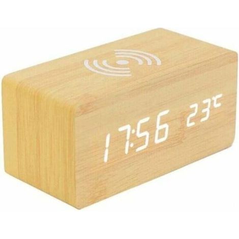 Réveil thermomètre numérique, réveil numérique en bois, réveil numérique LED en bois avec chargement sans fil, réveil en bois avec chargeur à induction, chargeur sans fil pour chambre/bureau (1/5)