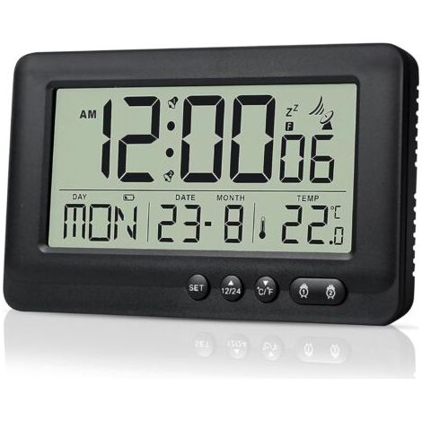 Réveil numérique radio-piloté avec rétroéclairage – 2 alarmes – Thermo-hygromètre – Fonction snooze – Commande automatique (1/5)