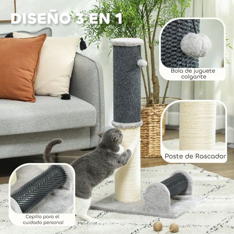 Griffoir pour chat en sisal avec brosse autonettoyante et balle jouet. 40 x 48 x 85 cm. gris et crème (1/5)