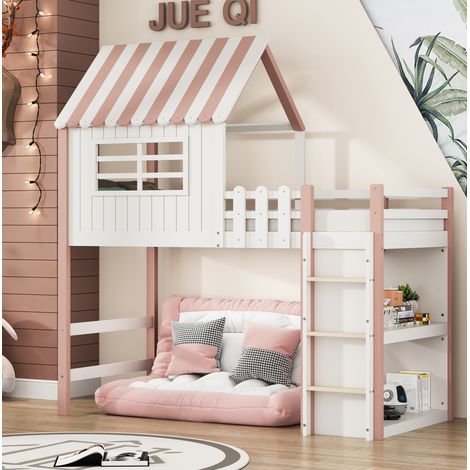 MODFU – Letto a soppalco per bambini 90x200 cm in pino e MDF con tetto, scala di sicurezza, vano contenitore, portata 120 kg e 25 doghe – Rosa (1/5)