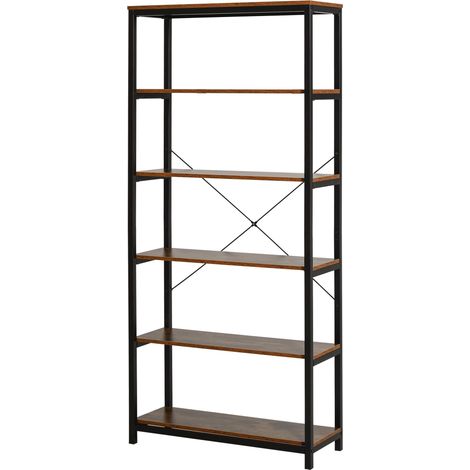 Bibliothèque verticale de style industriel vintage, étagère gain de place à 6 tablettes en bois noir et métal, 80 x 30 x 180 cm