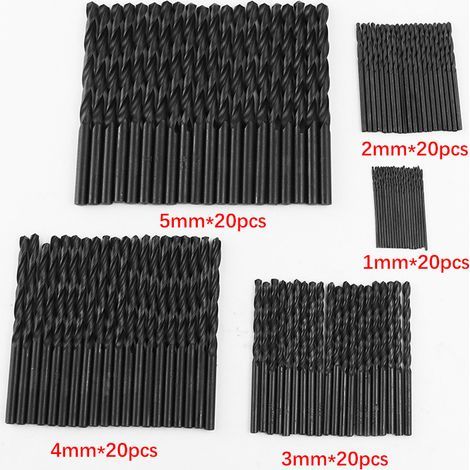 100 pièces de forets hélicoïdaux en acier rapide nitruré (1 mm, 2 mm, 3 mm, 4 mm, 5 mm) pour percer le bois et le plastique. (1/5)