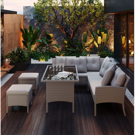 Mobilier d'extérieur pour terrasse en PE rotin et métal kaki, 7 places avec table, sofas, tabourets et coussins déhoussables (1/5)
