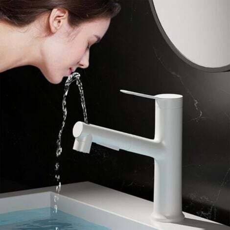 [JAMAIS UTILISÉ] Robinet de lavabo avec douchette extractible (blanc), robinet de lavabo monotrou, trois modes de débit d'eau avec bec rotatif, bec multifonction pour lavabo de salle de bain (1/4)