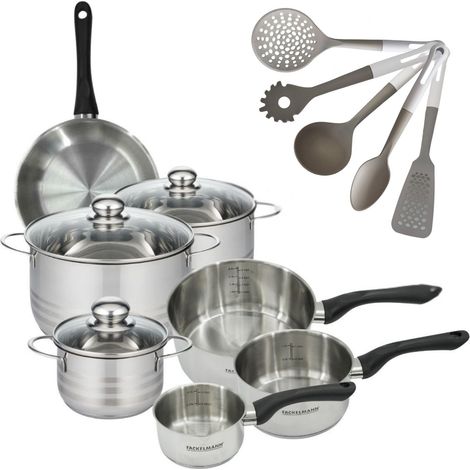 Set 1 poêle 20 cm, 3 casseroles 12 16 20 cm, 3 faitouts 16, 20 et 24 cm en inox et 5 ustensiles Fackelmann Geneva (1/5)