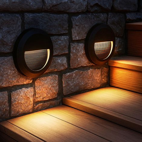 2er Set Stufenleuchte Außenlampe Fassadenleuchte schwarz Treppenlicht Terrassenleuchte rund, IP65, LED 2W 80Lm neutralweiß, DxH 15x2,7 cm