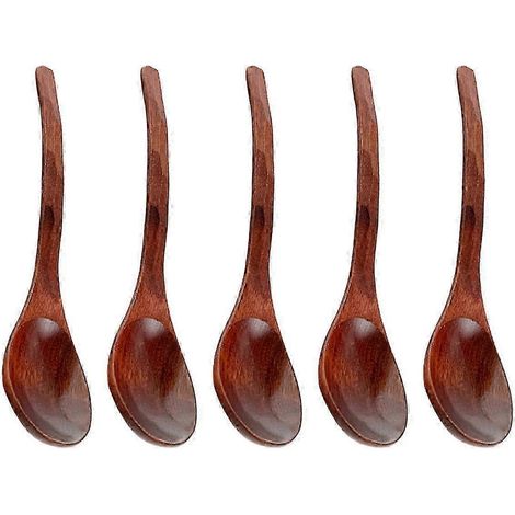 Cuillères en bois (lot de 5) de 20,5 cm, cuillères à ramen japonaises rondes à long manche, nanmu, pour dessert au riz (YPJ). (1/5)