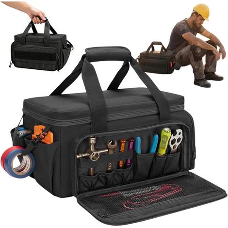 Sac à outils - Sacoche robuste - 40 x 25 x 19 cm - Oxford 600D - 9 compartiments - Imperméable et résistant à l'abrasion - Avec poignée - Pour électriciens et techniciens - Noir portable (1/5)