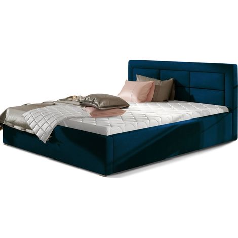 Lit moderne velours capitonné RIZARO - Avec ou sans rangement-Bleu nuit-180x200-Version sommier et coffre (1/5)