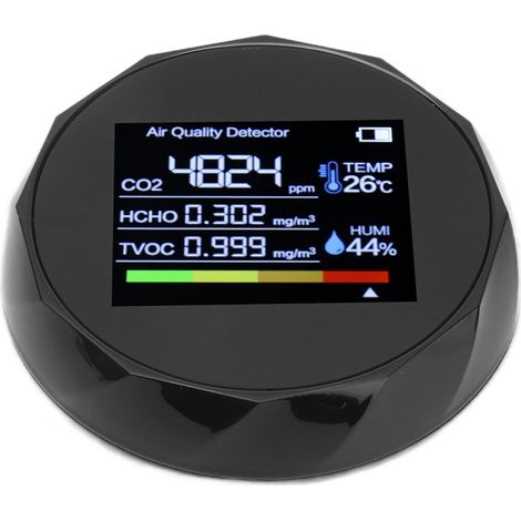 Détecteur de qualité de l'air multifonction : COVT, CO2, thermomètre et hygromètre numériques, chargement USB, noir