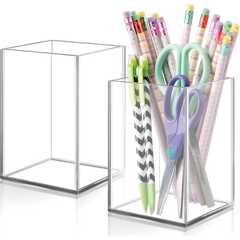 2 Pièces Pot a Crayon, Porte Stylo Bureau en Acrylique Transparent, Organisateur Maquillage, Idéal pour le Bureau, la Maison, la Cuisine ou l'école (1/4)