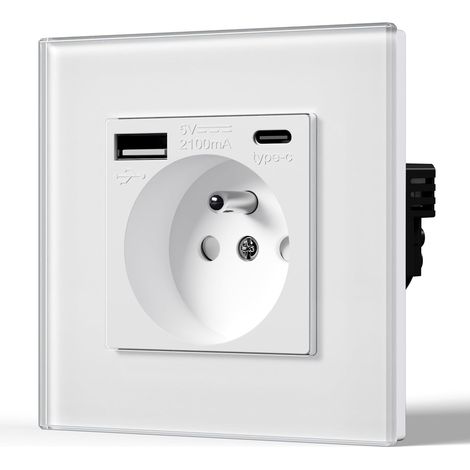 Prise Murale avec USB et Type C, Prise de courant en Verre avec USB 2.1A courant 16 Amp 240V 86mm Blanc (1/5)