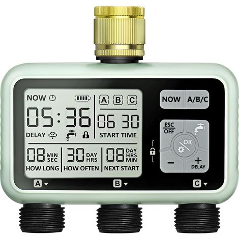 1 Programmateur d'arrosage, 3 Sorties indépendantes, Valve en laiton, Minuterie numérique, Retard de pluie, Pour jardin (1/5)
