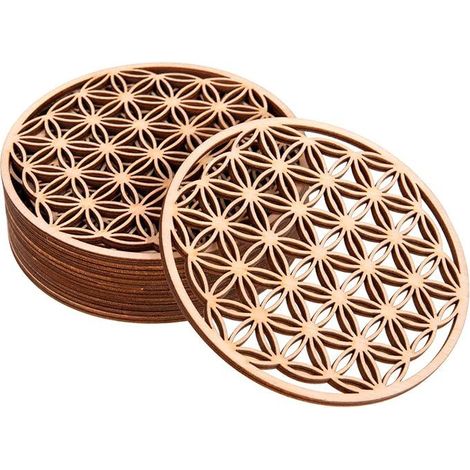 Dessous de verre en bois de bouleau avec motif Fleur de Vie - Lot de 10, format 10x10 cm. Panneau en bois sous verre. Déco idéale pour maison, bar (Fleur de Vie) (1/5)