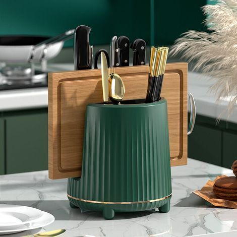 Kitchen storage accessory: Multifunctional rotating shelf for chopsticks, knives, cutting board, and draining rack (dark green) (1/4)