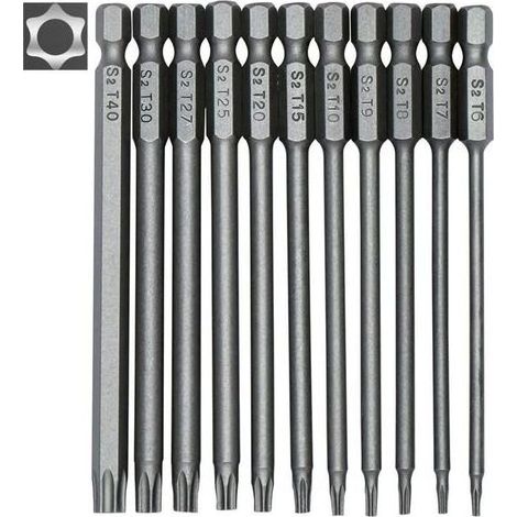 Jeu de 11 embouts Torx 100 mm – Acier S2 – Tige hexagonale 1/4' – Tailles T6 à T40 – Embouts magnétiques pour vissage précis (1/5)