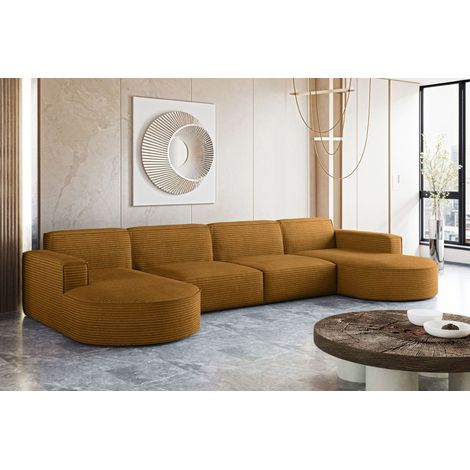 Ecksofa Designer MODENA U XL stoff Dicker cord Poso Senffarbe (1/4)
