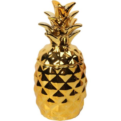 Caja de cerámica mediana con forma de piña en color dorado. (1/3)