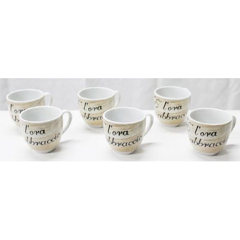 TrAdE Shop Traesio - Set 6 Pezzi Tazzine Tazze Da Caffè Ceramica Scritta L'ora Abbraccio Espresso Bar -